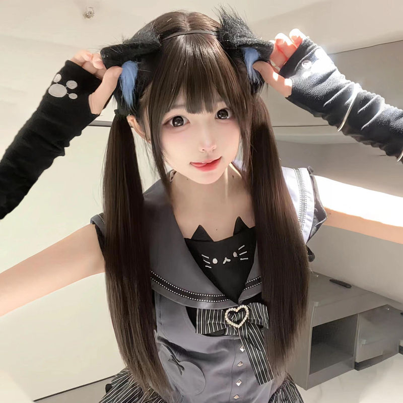 Waxy Ji Xiao Mi Fake Hair Female Long Straight Hair Lolita Meng Mei Shao Luo Qi Bangs Cold Brown 70cm Straight Hair Double Pony Tail Waxy Ji Xiao Mi Fake Hair Female Long Straight Hair Lolita Meng Mei Shao Luo Qi Bangs Cold Brown 70cm Straight Hair Double Pony Tail