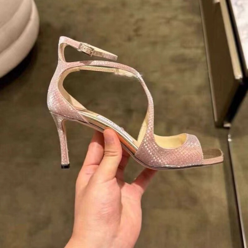 Factory direct high heels female fish mouth square head golden sequins buckle summer cross strap Roman sandals women