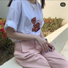(柒柒)韓國刺綉人偶熊字母短袖t恤寬松男女可愛小熊上衣情侶韓版