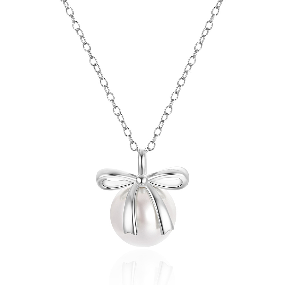Plating, Inlay Design 925 Sterling Silver Artificial Pearls Cable Chain Plating Inlay Bow Knot Pendant Necklace