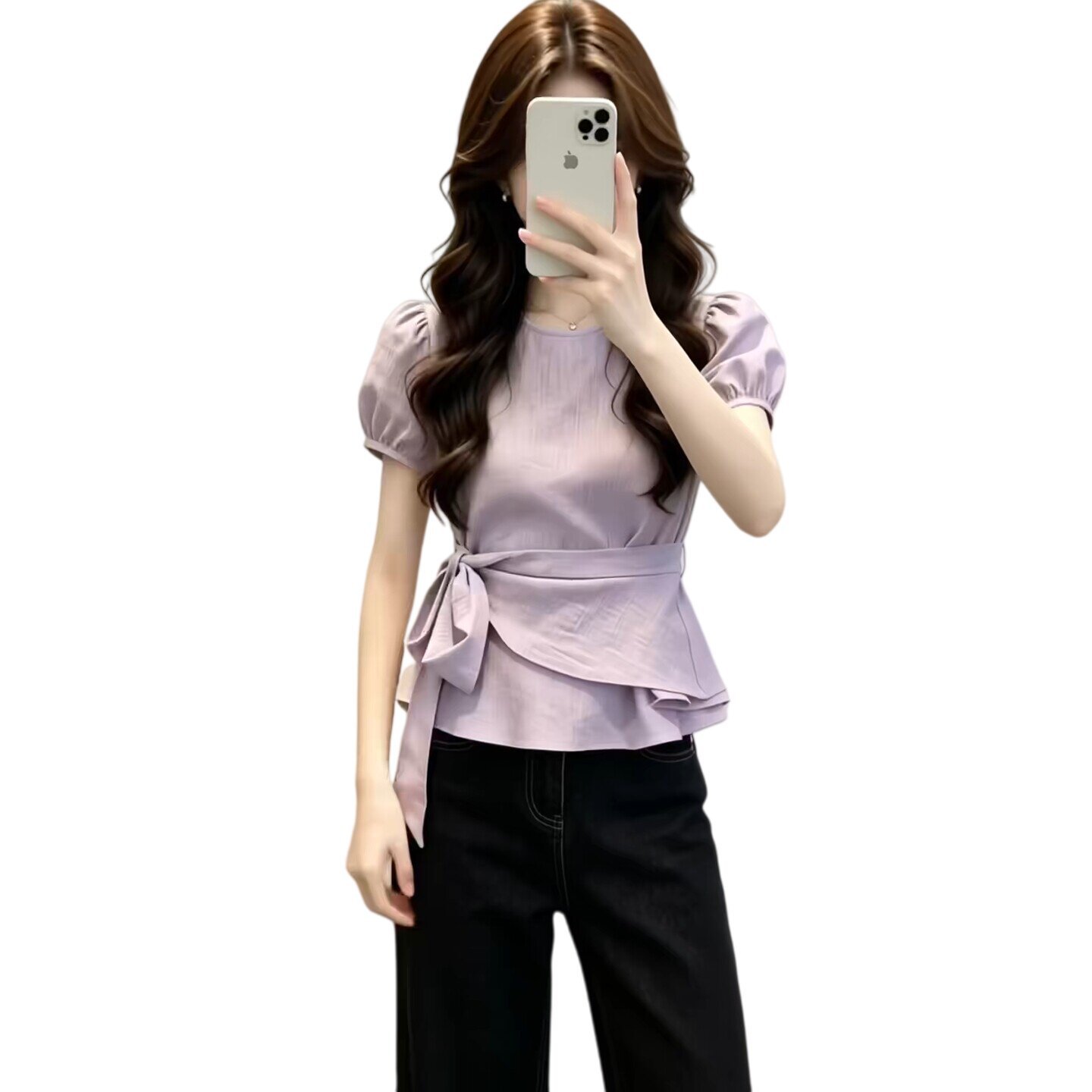 Áo sơ mi ngắn tay thiết kế thắt lưng eo, dáng suông nhẹ, phong cách Pháp — màu tím chi tiết 5