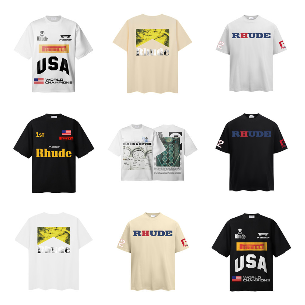 25SS marca de moda europeia e americana transfronteiriça RHUDE padrão de letras geométricas impresso camiseta de manga curta para homens e mulheres American high street meia manga