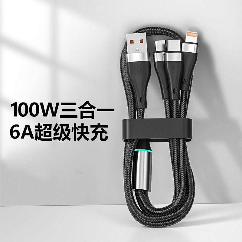 Cable de carga tres en uno, uno a tres, carga súper rápida de 120W para teléfonos Android de tipo C de Apple Huawei