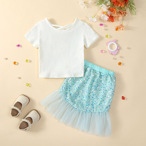 Girls' Summer Costume Cartoon Mermaid T-Shirt with Glitter Fish Tail Skirt Princess Dress Two-Piece Set Foreign Trade Children's Clothing