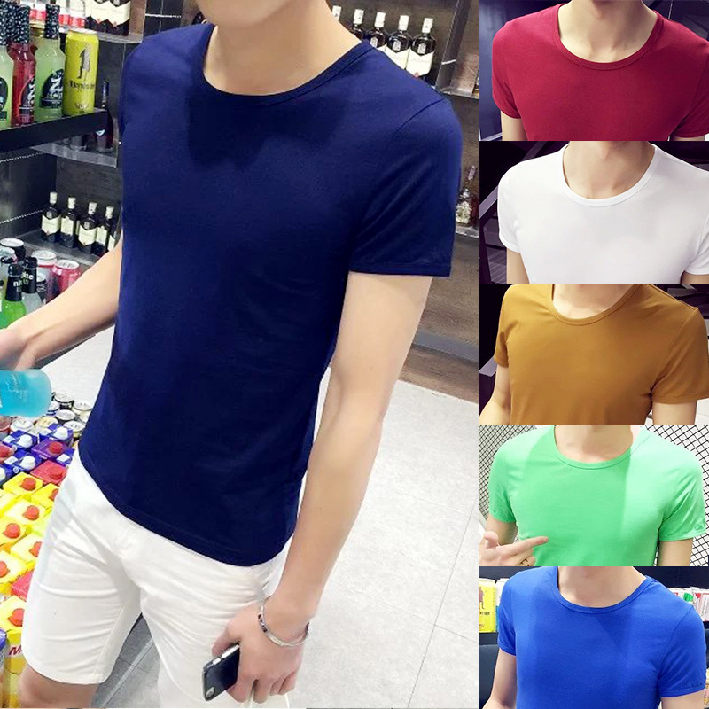 2025 여름 새로운 남성 반팔 티셔츠 트렌디 브랜드 라운드 넥 솔리드 컬러 빈 티셔츠 슬리밍 심플베이스 셔츠