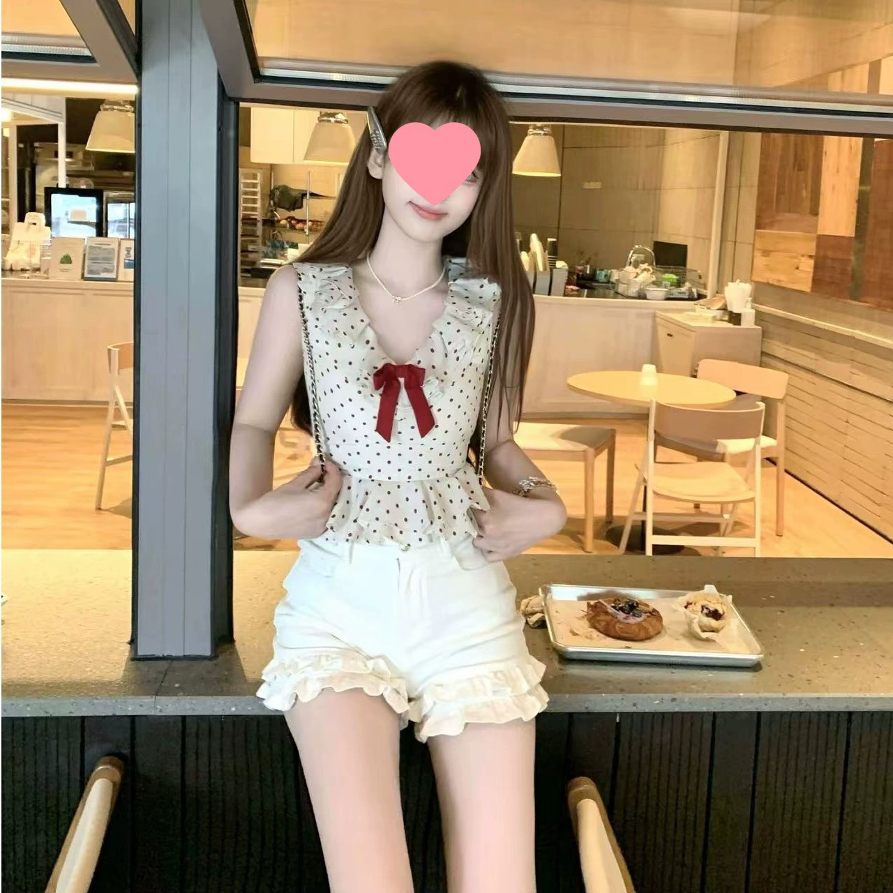 【木质橙花】韩系甜美少女夏季红波点蝴蝶结上衣配水洗牛仔短裤套