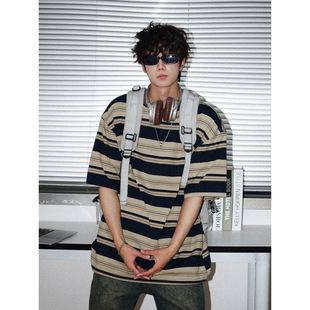 Summer Color-Block Striped Short-Sleeve T-Shirt for Men, Trendy American Style Couple Versatile Loose Base Shirt Half-Sleeve Tee