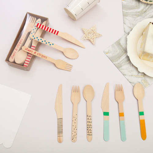 Factory Direct Supply Biodegradable Eco-Friendly Wooden Tableware Exclusive Cross-Border Disposable Forks, Spoons, and Knives - 24 Pieces per Box