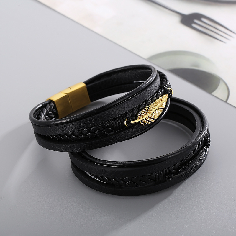 1 Piece Fashion Feather Stainless Steel Leather Patchwork Menu0027S Bangle