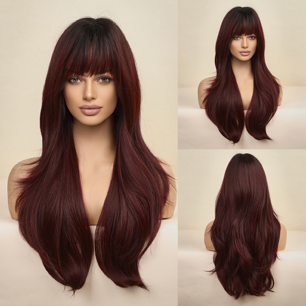 Amazon Comercio exterior transfronterizo estilo europeo y americano recto Bangs Pelo Largo gradiente vino rojo peluca cabeza cubierta fábrica ventas directas