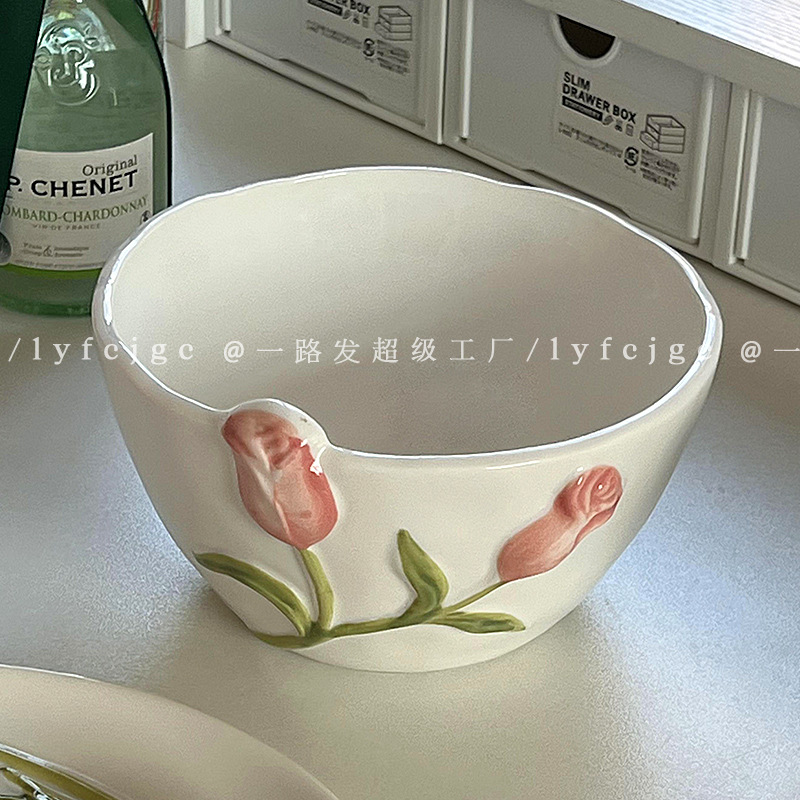 Plate high face value ceramic bowl relief tulip bowl plate house…