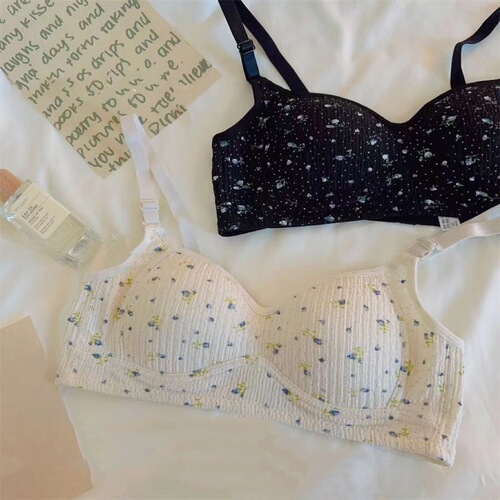 Japanese sweet floral young lady student small breast push-up seamless underwear thin section no steel ring pure cotton bra bra