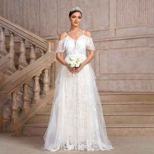 2025 European and American Cross-border White Off-shoulder Sling Irregular Mesh Stitching Luxury Wedding Party Bridal Wedding Dress