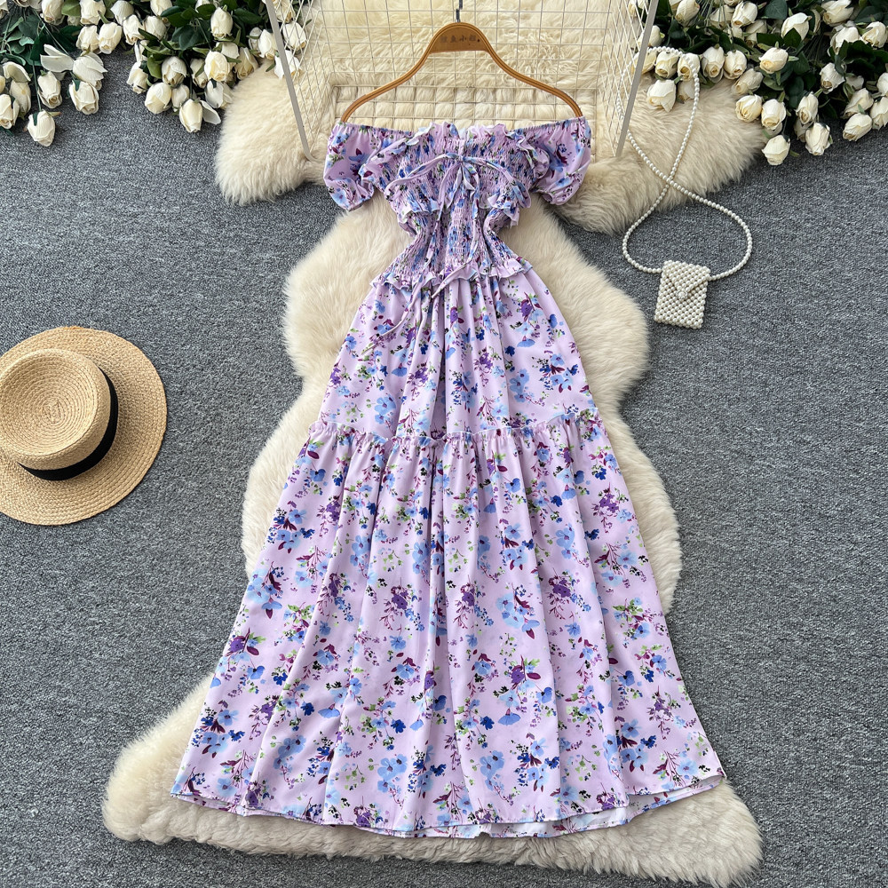 Women's French Sweet Style Square Neck Floral Dress Summer Korean Pleated Waist Tie A-Line Elegant Long Red Dress_ecoleips.com