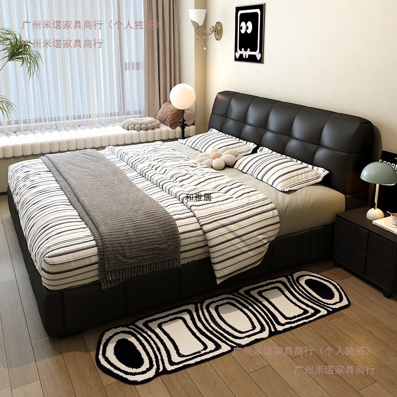 Modern Minimalist Italian-Style Black Puff Bed, Genuine Leather Small Apartment Storage Bed, Double Bed, Wedding Bed, Leather Art Bed, Large Bed