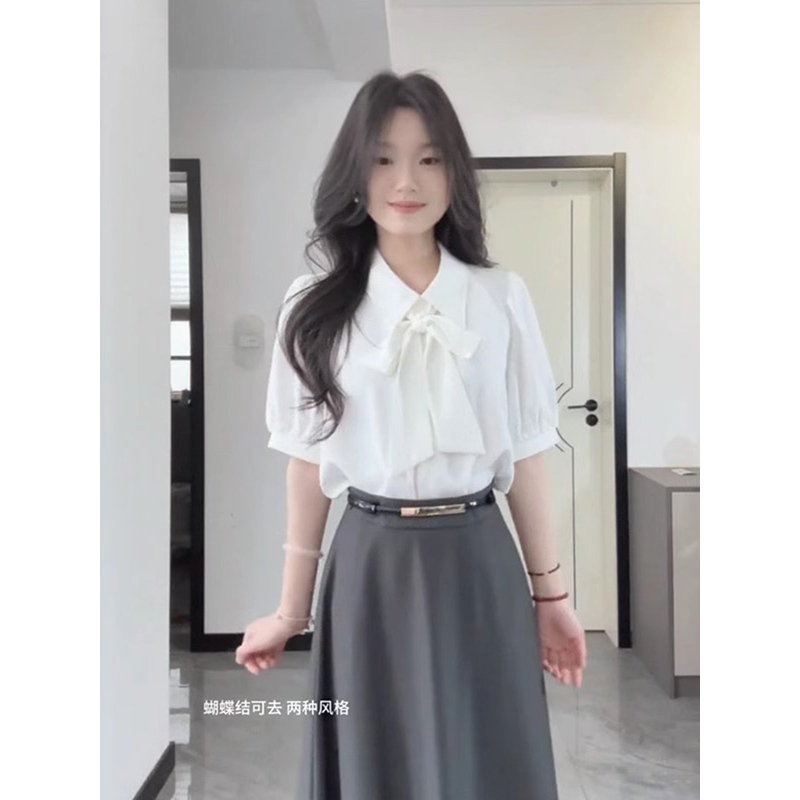 White Short-Sleeved Chiffon Shirt for Women, Summer Professional Work Attire, Bow-Tie Shirt, French-Style Slimming and Elegant Top White Short-Sleeved Chiffon Shirt for Women, Summer Professional Work Attire, Bow-Tie Shirt, French-Style Slimming and Elegant Top