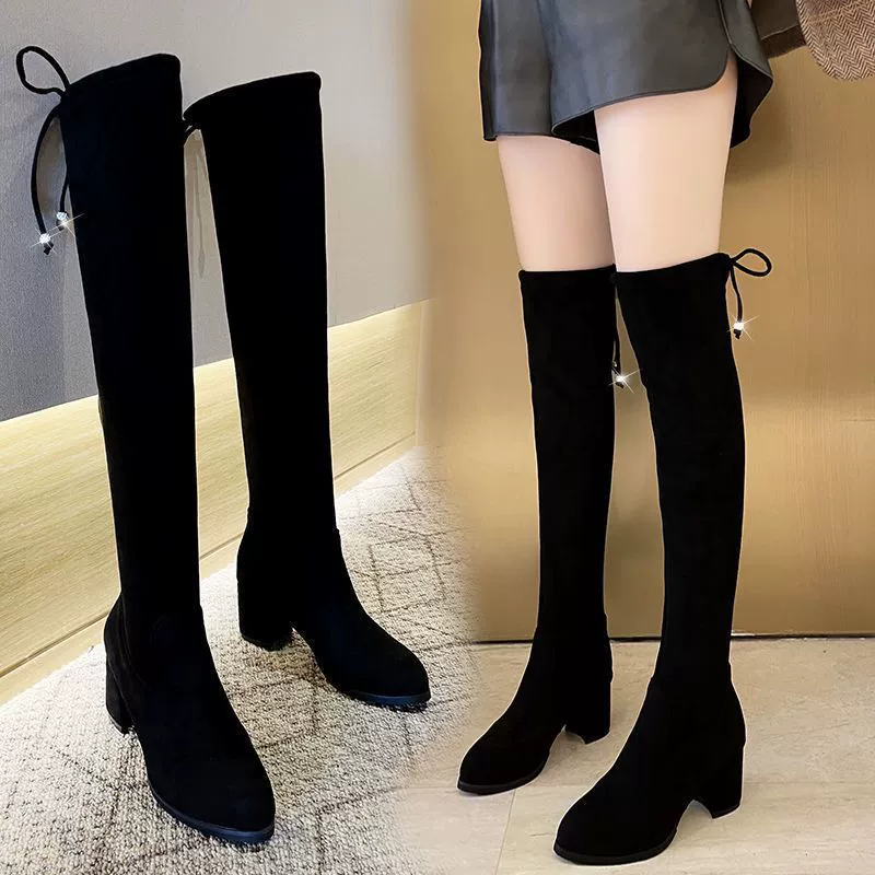 Демисезонные высокие сапоги, эластичные ботинки с флисом, каблукhigh heel