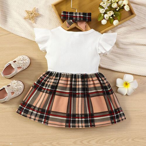 Cross-border Instagram baby girl sleeveless patchwork gingham bow two-piece short-sleeve stylish dress trendy