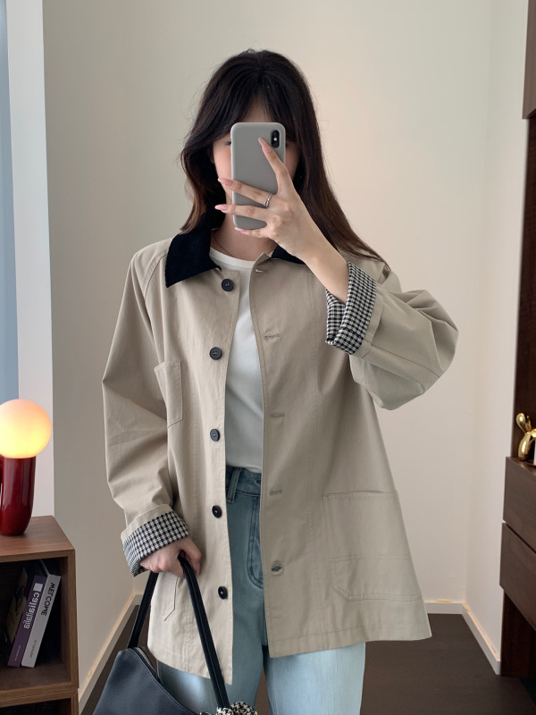 禾家2025早秋新款女装巴恩风小个子中长款外套休闲翻领夹克风衣女|undefined