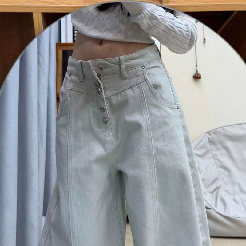 Gray-White Single-Breasted American-Style Workwear Jeans for Women, High-Waisted, Loose-Fitting, Slimming Wide-Leg Pants with a Draping Effect, Versatile Floor-Length Pants Gray-White Single-Breasted American-Style Workwear Jeans for Women, High-Waisted, Loose-Fitting, Slimming Wide-Leg Pants with a Draping Effect, Versatile Floor-Length Pants