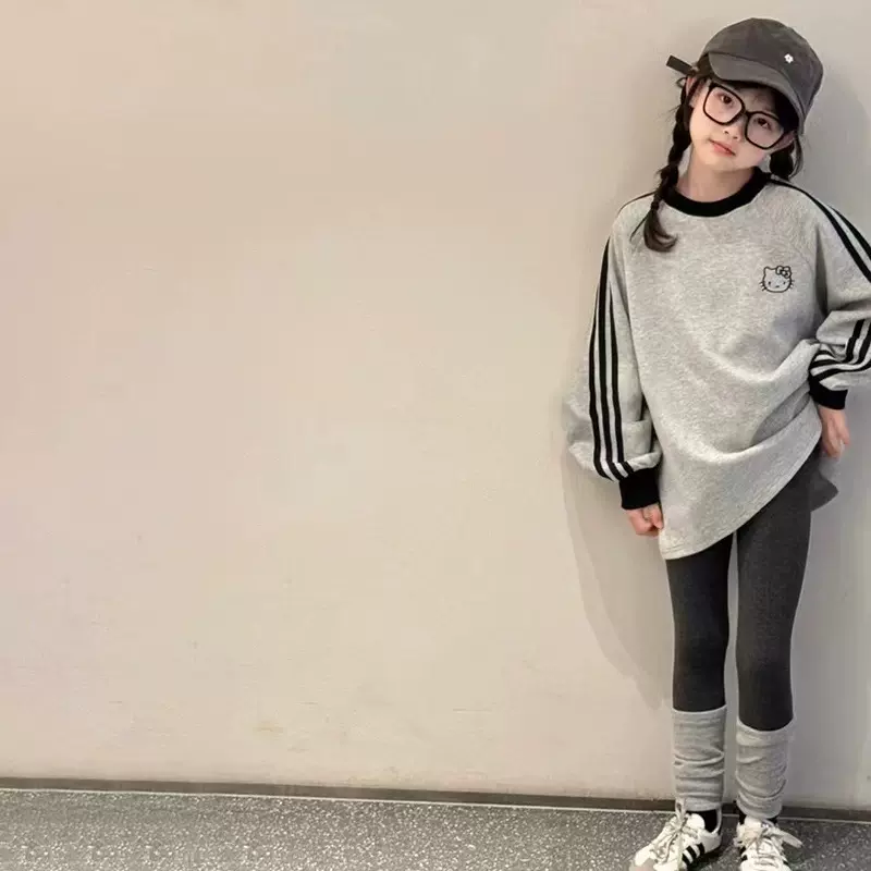 运动风套装2024秋冬新款三条杠KT猫加绒卫衣洋气百搭打底裤童装潮