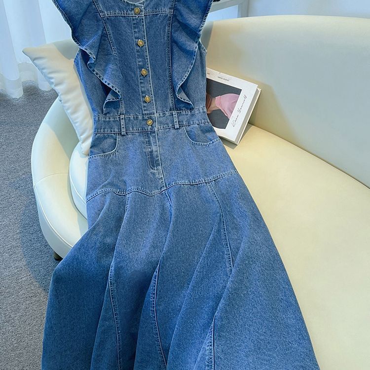 Plus-Size Mid-Length Ruffled Denim Dress for Women, New Summer Style, Tummy Control, Slimming, Flutter Sleeves, Suspender Dress, New Arrival Plus-Size Mid-Length Ruffled Denim Dress for Women, New Summer Style, Tummy Control, Slimming, Flutter Sleeves, Suspender Dress, New Arrival