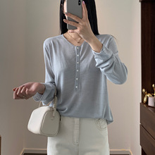 P8 断码特价不退换 半开襟圆领宽松气质百搭长袖亚麻针织衫上衣