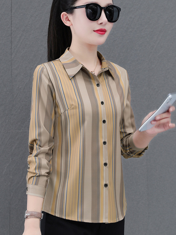 中年女士衬衫女春秋2025新款妈妈衬衣秋季薄款开衫长袖竖条纹上衣|undefined