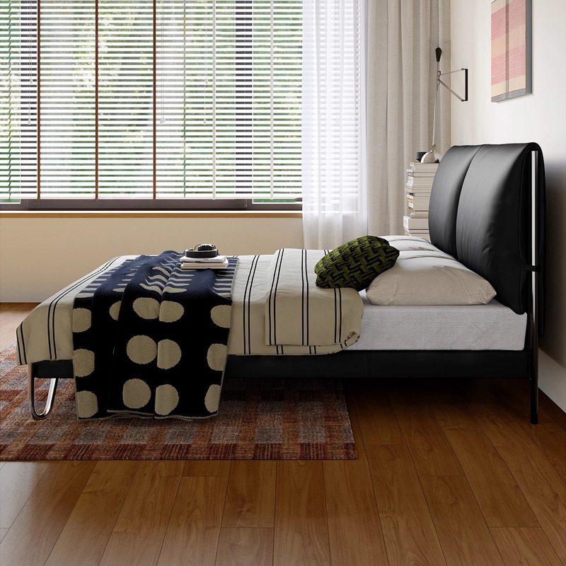 Bama de cuero estilo Bauhaus 2025 cama principal cama grande cama negra blanda de 1,8 m cama doble de alta gama nuevo