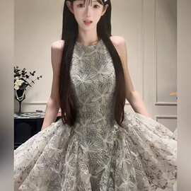 夏季新款法式女生日礼服无袖女连衣裙甜美花朵设计感公主蓬蓬短裙