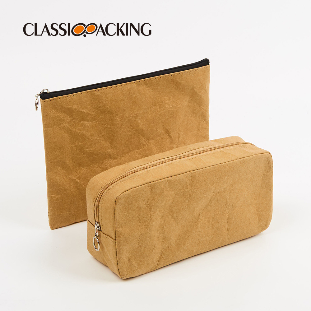 Bolsa de almacenamiento de cremallera de papel Kraft al por mayor de fábrica de moda simple bolsa de almacenamiento de papel DuPont Portátil Bolsa de cosméticos lavable