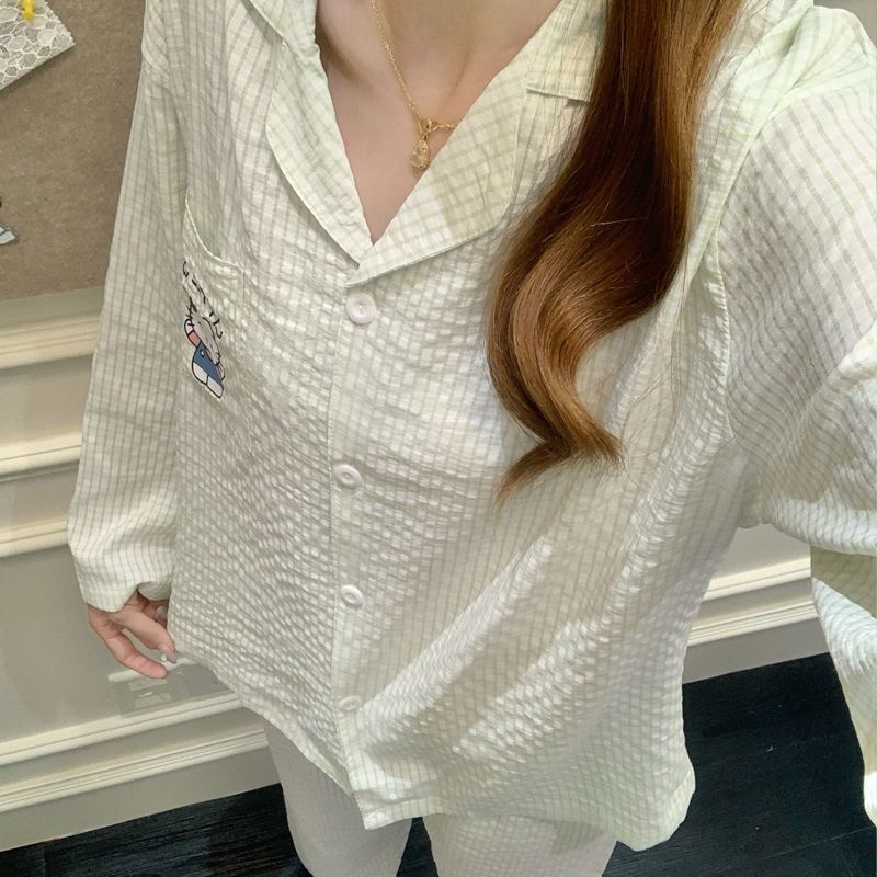 Transmisión en vivo transfronteriza primavera y otoño de manga larga tejida de algodón jacquard pijama de mujer KT gatos bonitos cardigans set
