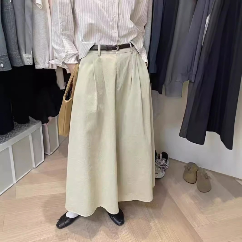 Japanese-Style Hip-Covering Workwear Washed Cotton Pleated Midi Skirt for Women, Ol Commuting, Slimming, Casual, Stylish A-Line Skirt Japanese-Style Hip-Covering Workwear Washed Cotton Pleated Midi Skirt for Women, Ol Commuting, Slimming, Casual, Stylish A-Line Skirt