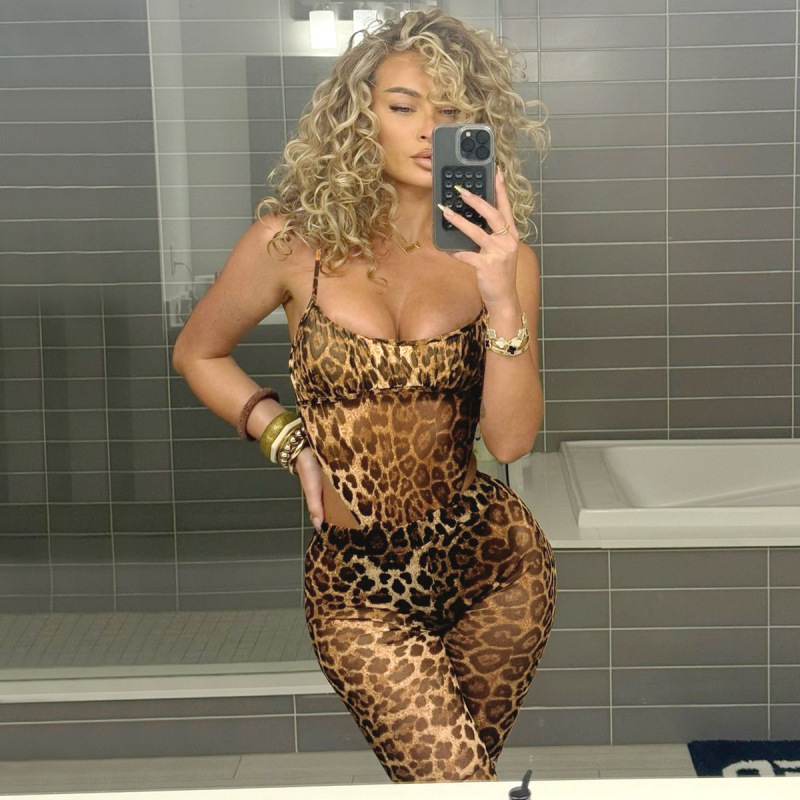 European and American women's 2024 autumn and winter new sexy hot girl condole strap jumpsuit perspective leopard flared pants suit wholesale European and American women's 2024 autumn and winter new sexy hot girl condole strap jumpsuit perspective leopard flared pants suit wholesale