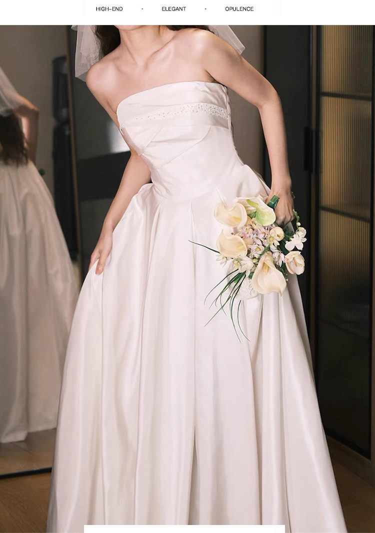 Strapless Light Wedding Dress, Simple Satin, Petite Bride, White Gown For Engagement And Marriage Registration, Elegant Wedding Dress For Going Out._ecoleips.com