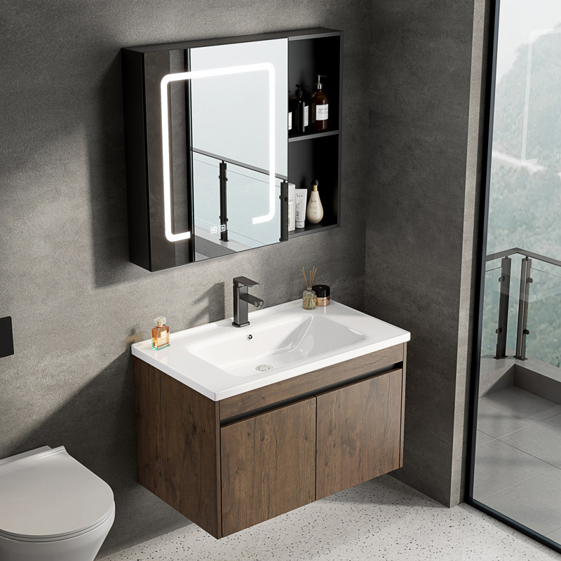 Space Aluminum Walnut Bathroom Cabinet Combination Wash Basin Bathroom Integrated Ceramic Basin Washstand Small Apartment
