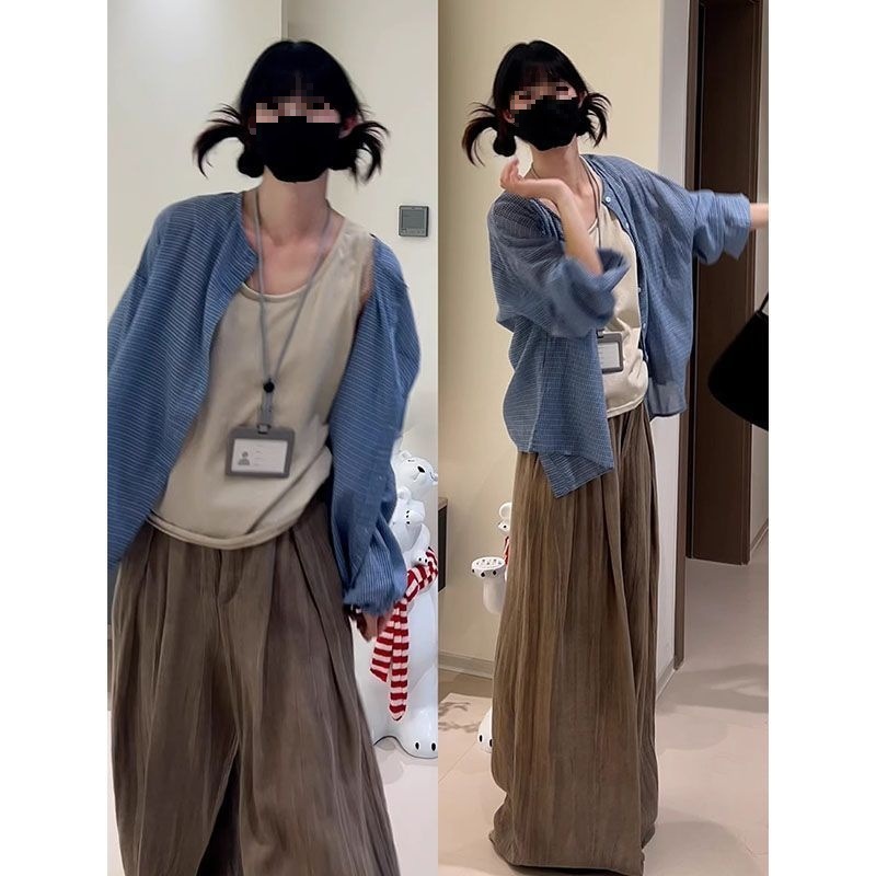 套装女2025夏季韩系辣妹长袖衬衫外套吊带背心阔腿裤三件套潮|undefined