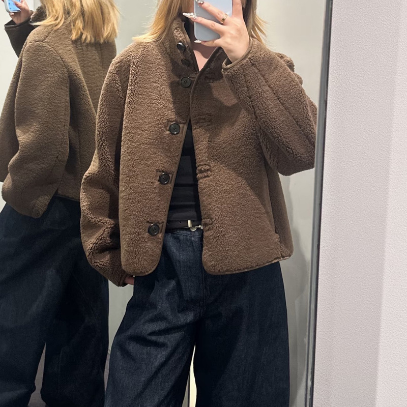 In Stock Cs Women's Standard Version Funnel Collar Teddy Velvet Jacket 1310783002 Autum 1310783001