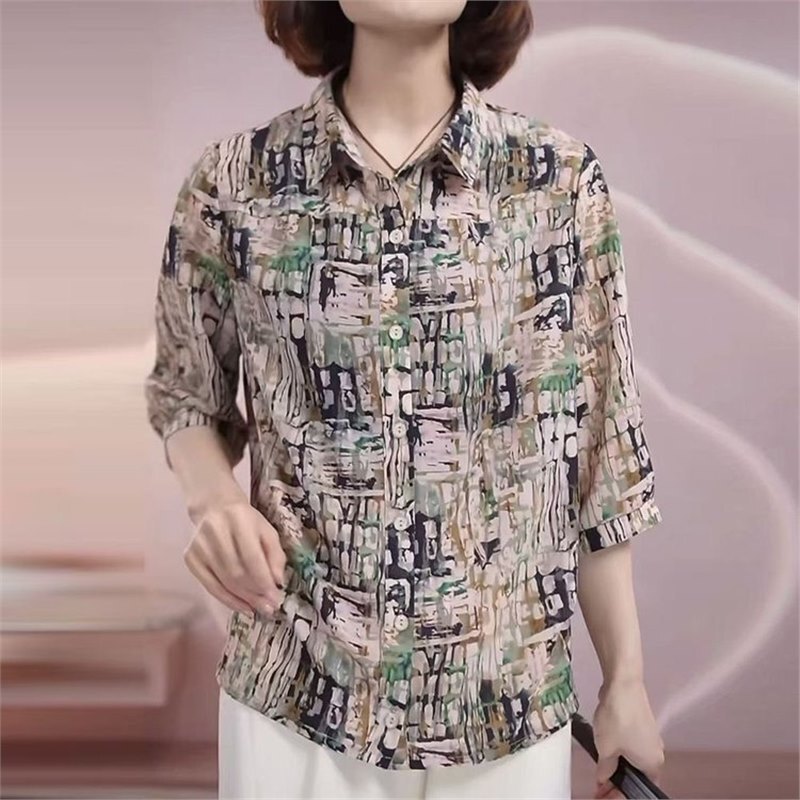 Dropshipping Hot-Selling Mom Fashion 2026 Summer Thin Floral Print Three-Quarter Sleeve Shirt Women's Loose Cardigan Top