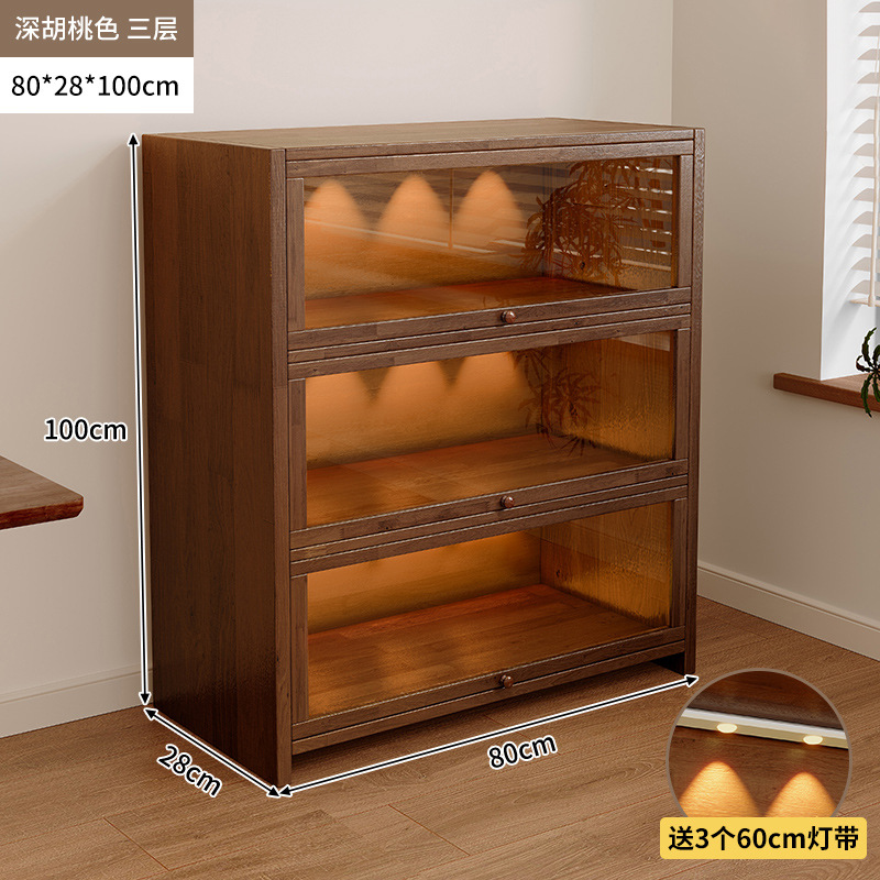 Librería de madera maciza a prueba de polvo integrada contra la pared Armario de almacenamiento de color nogal Armario de almacenamiento Armario de piso Estantería para el hogar