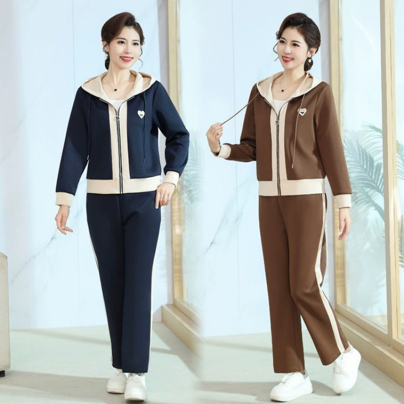 Мама спортивная одежда куртка 2024 иностранный дух весна и осень новый набор из двух частей среднего и пожилого возраста большой размер женский чехол для живота