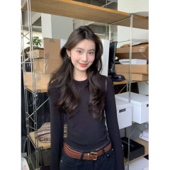春秋季黑色美式辣妹修身显瘦长袖T恤女基础款圆领内搭外穿打底衫