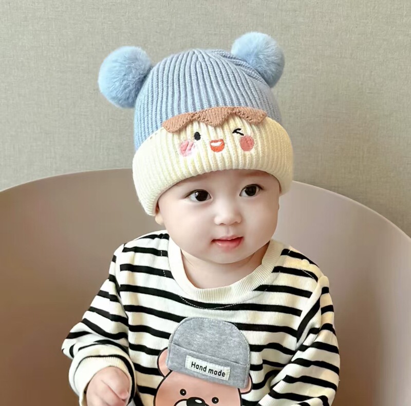 宝宝帽子秋冬季可爱毛球套头帽婴幼儿针织毛线加厚护耳男女超萌潮|undefined