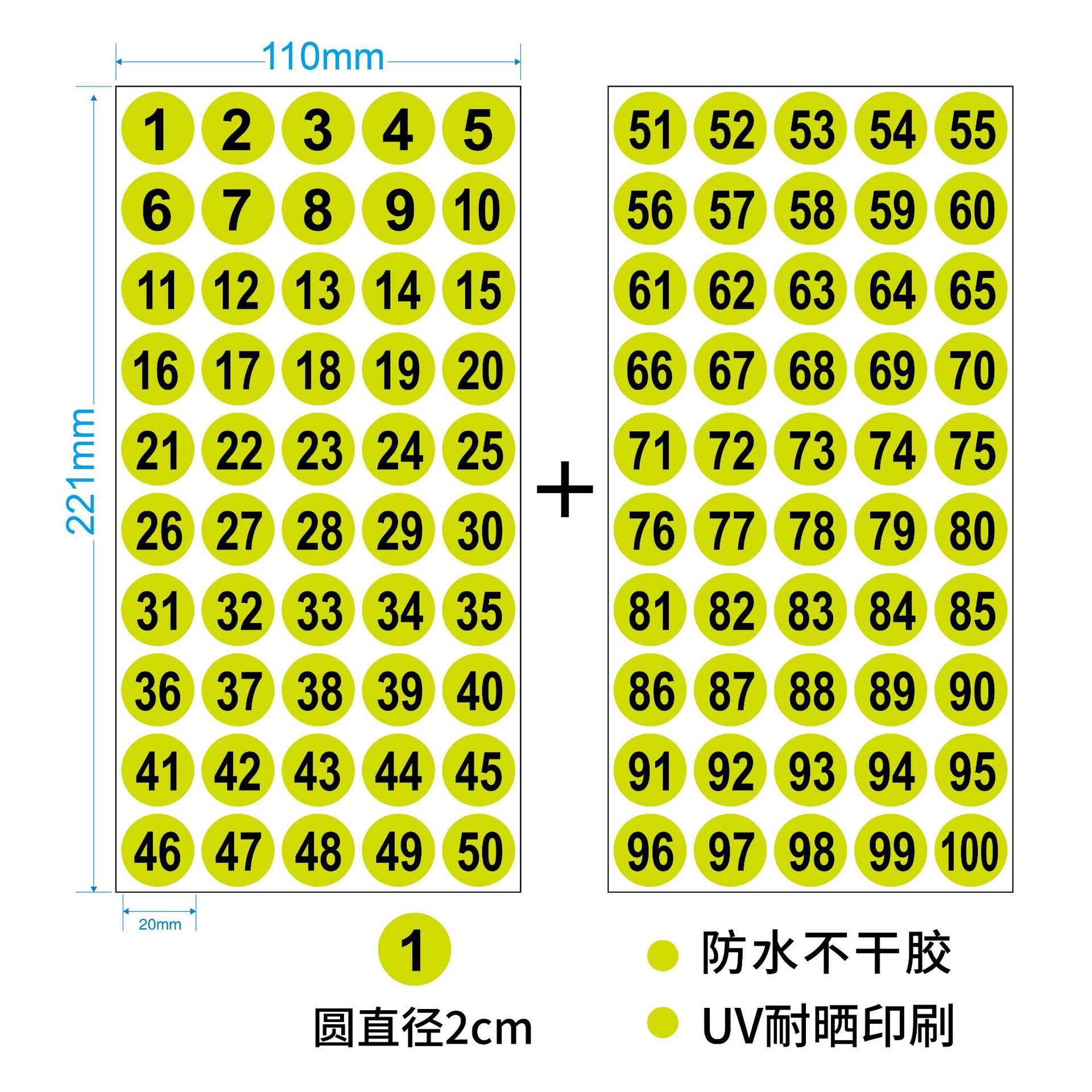 1-100 green yellow waterproof number in stock