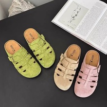 牛皮版~夏新款包头半拖鞋女猪笼鞋厚底防滑舒适勃肯一脚蹬凉拖鞋