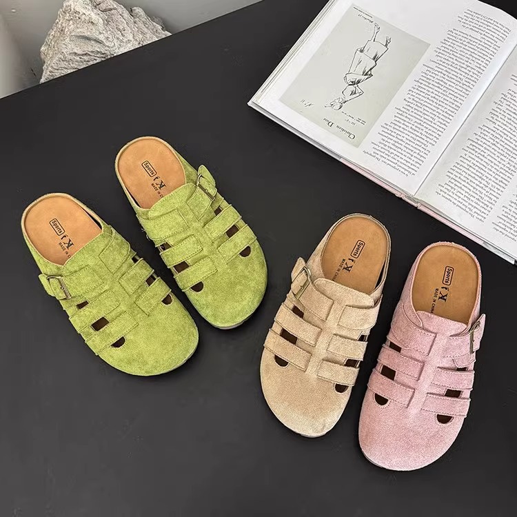 牛皮版~夏新款包头半拖鞋女猪笼鞋厚底防滑舒适勃肯一脚蹬凉拖鞋