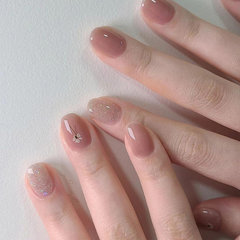 Minimal polvo desnudo flor de manicure parche de uñas desmontable parche de uñas corto productos terminados al por mayor image 1