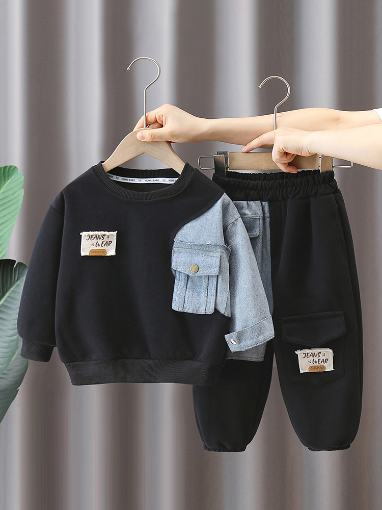 5909 traje de suéter para niños 2024 otoño nueva ropa de primavera y otoño para niños Traje de dos piezas de mezclilla cool para niños