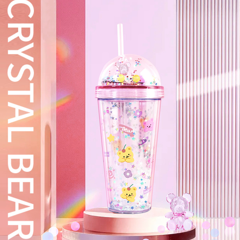 Taza de agua de paja taza de agua de alto aspecto Oso de cristal de doble capa taza de gran capacidad creativa Red Cup ins estilo