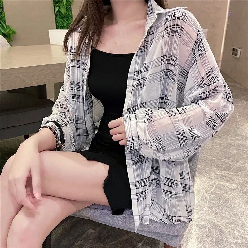 2026 New Plaid Sun Protection Shirt for Women, Summer Loose Thin Lazy Style Long-Sleeve Cardigan Jacket, Versatile for Outerwear